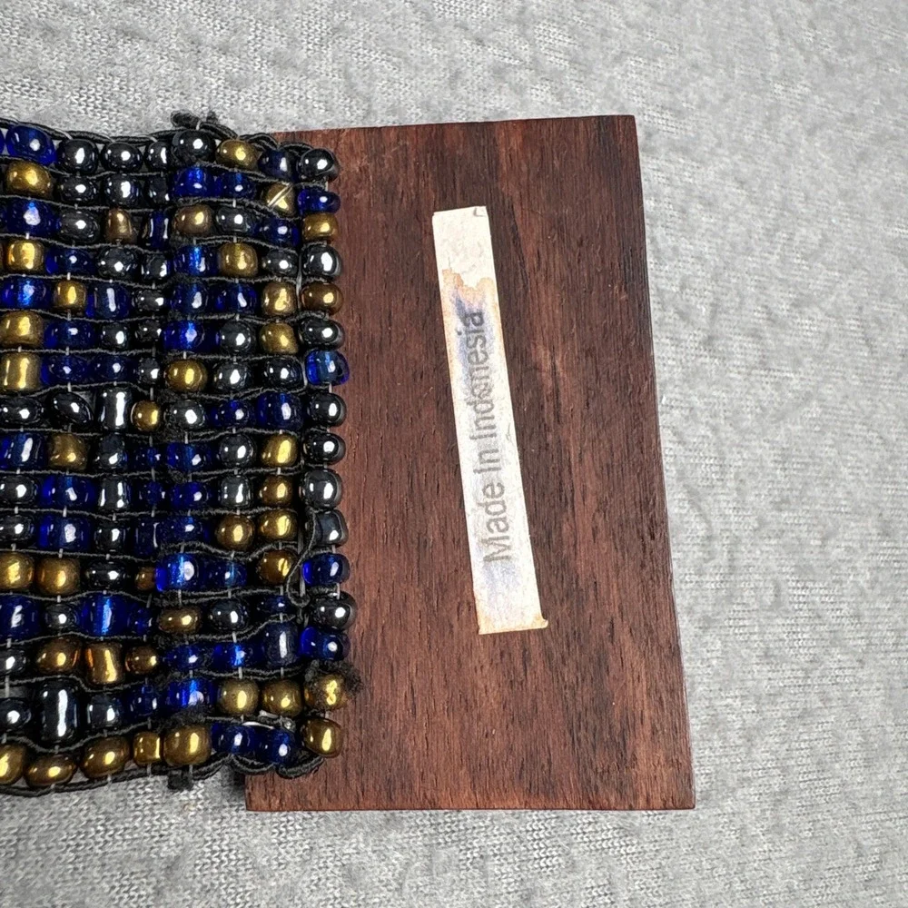 Handmade Indonesian Beaded Belt Navy Blue Gold Wood Buckle Boho Wide 29.5in